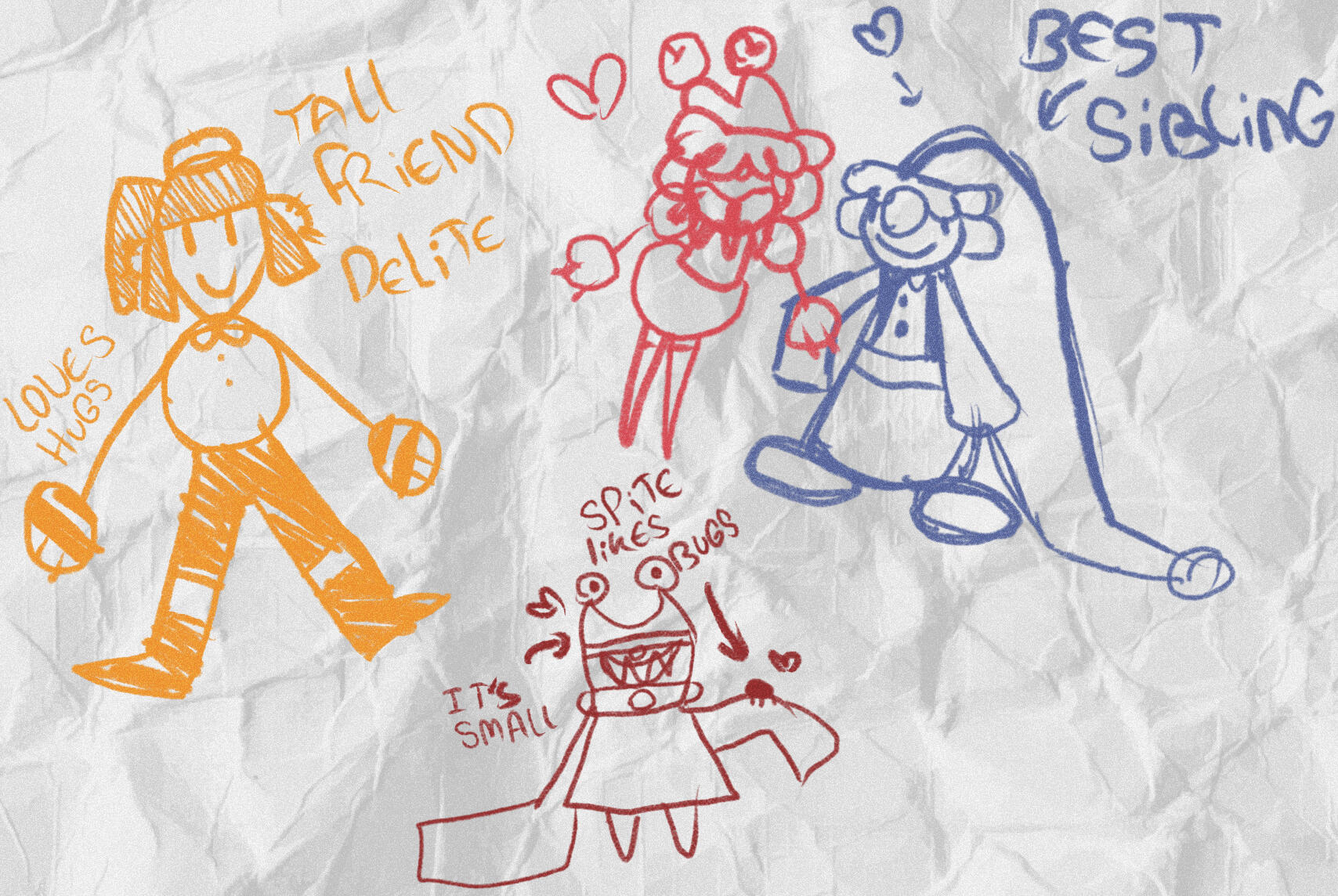 some in character doodles, bonker would draw of themself, their sibling and their friends.